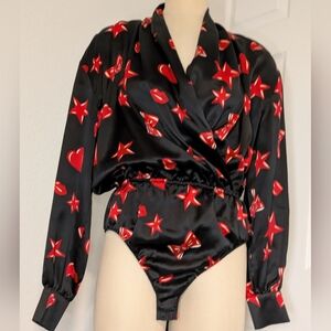 ESCADA Black and Red Stars Print Bodysuit Blouse.